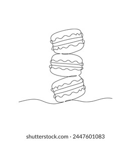 Continuous one line drawing of colorful French macaroons isolated on white background. Hand drawn macarons minimal design art, confectionery concept. Vector illustration for restaurant menu