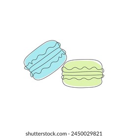 Dibujo continuo de una línea de macarons franceses coloridos aislados sobre fondo blanco. Macarrones dibujados a mano arte de diseño mínimo, concepto de confitería. Ilustración vectorial para el menú del restaurante