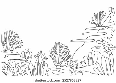 Continuous one line drawing colorful coral reefs and variety of anemones and corals. Protect coastline from erosion. Ecosystem. World Aquatic Animal Day. Single line draw design vector illustration