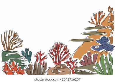 Continuous one line drawing colorful coral reefs and variety of anemones and corals. Protect coastline from erosion. Ecosystem. World Aquatic Animal Day. Single line draw design vector illustration