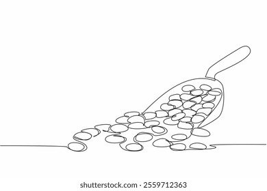 Continuous one line drawing colorful jelly beans are placed in a scoop. Buy in bulk. Stock of sweet snacks for one month. Zesty. National Jelly Bean Day. Single line draw design vector illustration