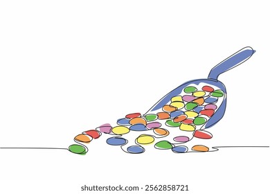 Continuous one line drawing colorful jelly beans are placed in a scoop. Buy in bulk. Stock of sweet snacks for one month. Zesty. National Jelly Bean Day. Single line draw design vector illustration