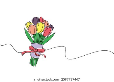 Continuous one line drawing colorful tulips tied with paper and ribbon. Beautiful colors for the most beautiful women. Little surprise. The gift. Tulip Day. Single line draw design vector illustration