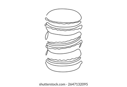 Continuous one line drawing of colorful French macaroons isolated on white background, cookie drawing by one continuous line,  confectionery concept. Vector illustration for restaurant menu.