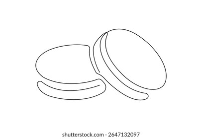 Continuous one line drawing of colorful French macaroons isolated on white background, cookie drawing by one continuous line,  confectionery concept. Vector illustration for restaurant menu.