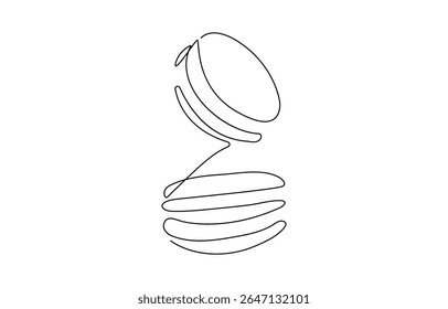 Continuous one line drawing of colorful French macaroons isolated on white background, cookie drawing by one continuous line,  confectionery concept. Vector illustration for restaurant menu.