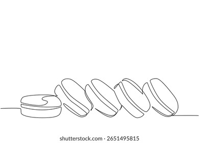 Uma linha contínua desenhando macarons coloridos alinhados diagonalmente e as extremidades colocadas na posição normal. Um lanche delicioso. Dia Nacional de Macaron. Ilustração de vetor de design de desenho de linha única