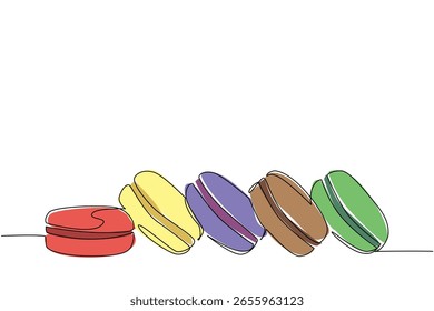 Continuo una línea dibujando macarrones coloridos alineados diagonalmente y los extremos colocados en la posición normal. Un bocadillo muy delicioso. Día Nacional de Macaron. Ilustración vectorial de diseño de dibujo de línea única
