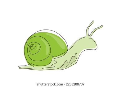 Continuous one line drawing common garden snail crawling. Snail animal mascot for food logo identity. High nutritious escargot healthy food concept. Single line draw design vector graphic illustration