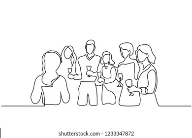 Continuous one line drawing. Company of people celebrates date with wineglasses. Vector illustration for banner, web, design element, template, postcard. Continuous one line drawing. Company of people celebrates date with wineglasses. Vector illustration for banner, web, design element, template, postcard.