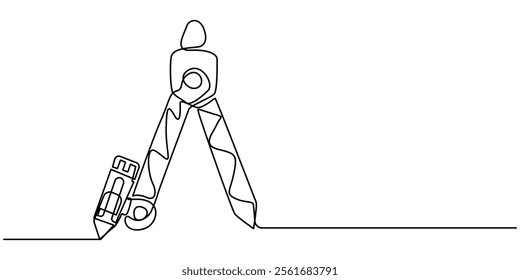 Continuous one line of drawing compass in silhouette on a white background. Linear stylized.Minimalist, Single continuous line drawing of springbow compass for drawing circle. Back to school minimalis