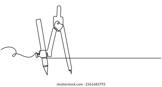 Continuous one line of drawing compass in silhouette on a white background. Linear stylized.Minimalist, Single continuous line drawing of springbow compass for drawing circle. Back to school minimalis