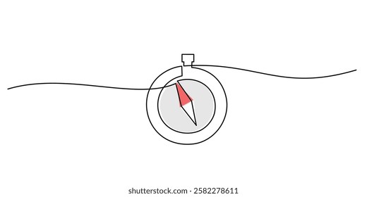 Continuous One line drawing of Compass. Depicting an exploration tool with basic circle and needle lines. Vector illustration hand drawn.