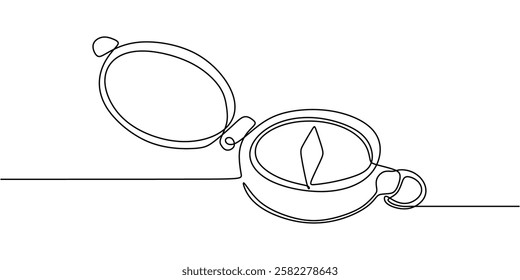 Continuous One line drawing of Compass. Exploration tool from the age of discovery with simple circular shape and needle lines. Vector illustration hand drawn.