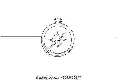 Continuous One line drawing of Compass. Exploration tool, Magnetic compass continuous one line drawing. Land, sea, navigation, geography compass single line art vector illustration.