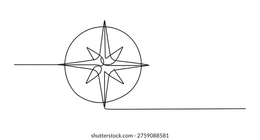 Continuous one line drawing of a compass rose star inside a circle on white background.