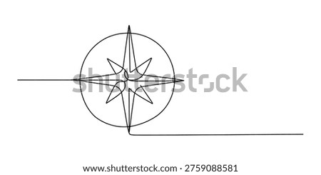 Continuous one line drawing of a compass rose star inside a circle on white background.