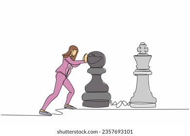 Continuous one line drawing competitive businesswoman push huge pawn chess piece to beat king. Strategic thinking, smart move in business play game. Single line draw design vector graphic illustration