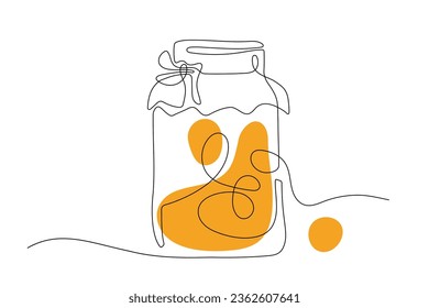 Frasco de compota de dibujo continuo de una línea con estilo mínimo. Frasco de vidrio con jugo, compota, mermelada en línea de silueta. Icono ecológico dulce, diseño de esquema contemporáneo de comida natural. Suplemento vegetal saludable