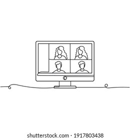 Continuous One Line Drawing A Computer With Group Of People Doing Video Conference. Concept Online Meeting Via Group Call. Vector Illustration.