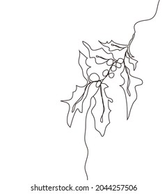 Continuous one line drawing. Concept  holiday,  holly leaf, branch isolated on white background. hand-drawn,  close-up. modern design. for print, banner, card, paper, poster. vector illustration