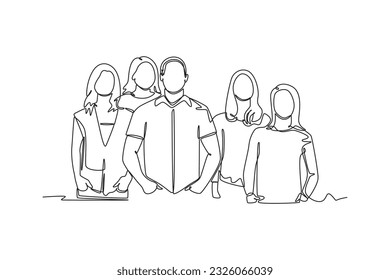 Continuous one line drawing concept of a crowd of happy people outdoors. Single line draw design vector graphic illustration.