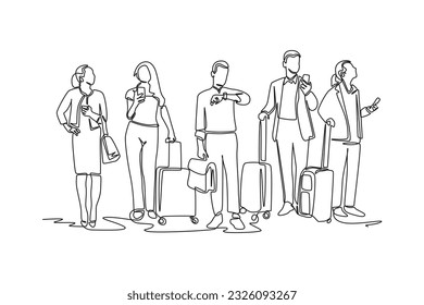 Continuous one line drawing concept of a crowd of happy people outdoors. Single line draw design vector graphic illustration.