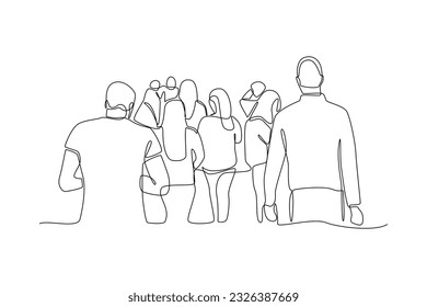 Continuous one line drawing concept of a crowd of happy people outdoors. Single line draw design vector graphic illustration.