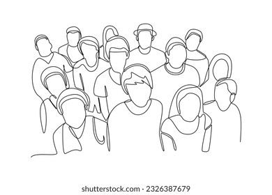 Continuous one line drawing concept of a crowd of happy people outdoors. Single line draw design vector graphic illustration.