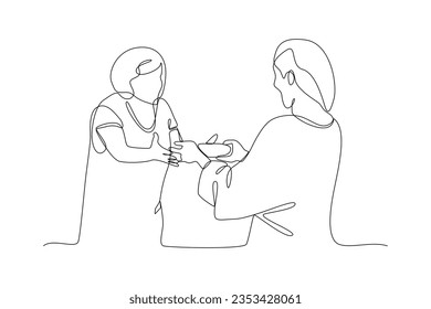 Continuous one line drawing Concept of Neighbors sharing things and helping each other. Doodle vector illustration.