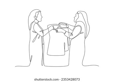 Continuous one line drawing Concept of Neighbors sharing things and helping each other. Doodle vector illustration.