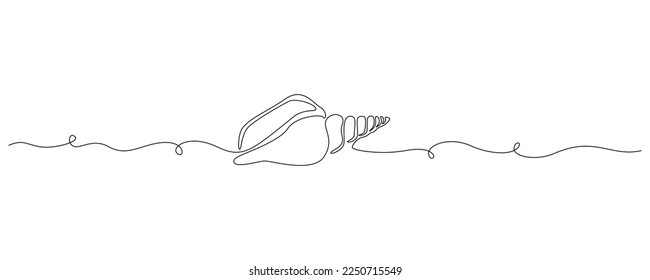 Continuous one line drawing of conch snail shell. Seashell symbol and banner of beauty spa and wellness salon in simple linear style. Editable stroke. Outline Vector illustration