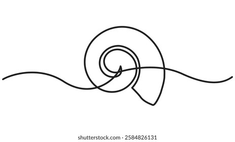 Continuous one line drawing of conch snail shell. Seashell symbol and banner of beauty spa and wellness salon in simple linear style, One line of shellfish. Marine animal concept continuous line art