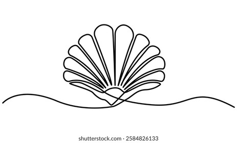 Continuous one line drawing of conch snail shell. Seashell symbol and banner of beauty spa and wellness salon in simple linear style, One line of shellfish. Marine animal concept continuous line art