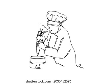 Kontinuierlich eine Linie Zeichnung Konditorfisch schmücken Kuchen Symbol in Silhouette auf weißem Hintergrund. Linear stilisiert.