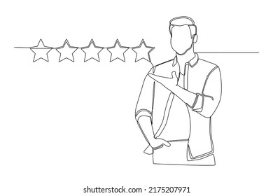 Continuous One Line Drawing Confidence Customer Giving 5 Stars Rating. Satisfaction Customer Concept. Single Line Draw Design Vector Graphic Illustration.