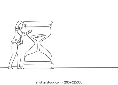 Continuous one line drawing confident young happy businesswoman hugging huge hourglass  Time management successfully task organizing concept  Single line draw design vector graphic illustration