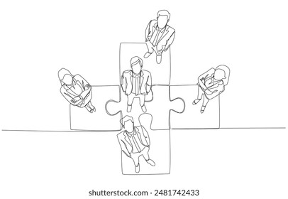 Continuous one line drawing of confident business people standing on connected jigsaw pieces, business collaboration concept, single line art.