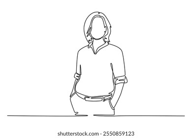 Continuous One Line Drawing Of confident middle aged business woman standing