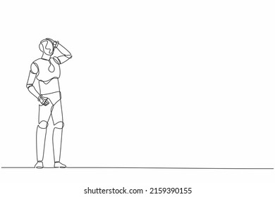 Continuous one line drawing confused robot standing missed opportunities. Humanoid robot cybernetic organism. Future robotic development concept. Single line draw design vector graphic illustration