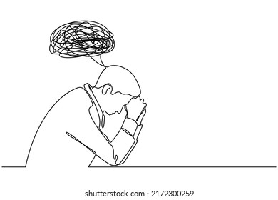 Continuous One Line Drawing Of A Confused Man Worried About Mental Health. Problems, Failure, Stress, Sadness, Heartbreak And Depression Concept In Doodle Style On Transparent Background.