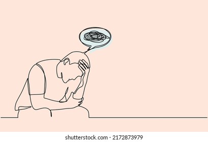Continuous one line drawing of a confused man worried about mental health. Problems, failure, stress, sadness, heartbreak and depression concept in doodle style on transparent background.