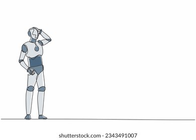 Continuous one line drawing confused robot standing missed opportunities. Humanoid robot cybernetic organism. Future robotic development concept. Single line draw design vector graphic illustration