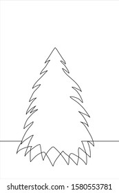 Continuous one line drawing of conifer silhouette with sharp branches. Simple stylization illustration of a single black outline on a white background. Vertical vector christmas illustration