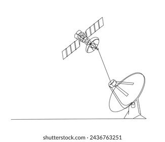 Continuous one line drawing of connected satellite in orbit with Satellite disc. Communication technology concept. Editable stroke.