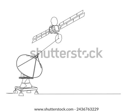 Continuous one line drawing of connected satellite in orbit with Satellite disc. Communication technology concept. Editable stroke.