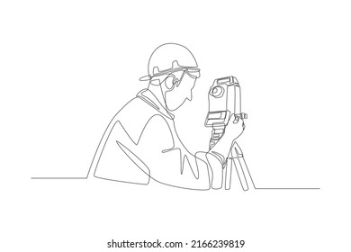 Continuous one line drawing construction worker use telescopes to survey contour the land. Road and building construction concept. Single line draw design vector graph