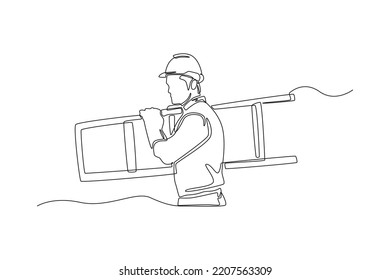 Continuous one line drawing Construction worker carrying a ladder working in building construction. Construction and building concept. Single line draw design vector graphic illustration.