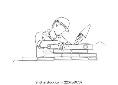 Continuous one line drawing Construction worker lay clay bricks to form building walls at the construction site. Construction and building concept. Single line draw design vector graphic illustration.