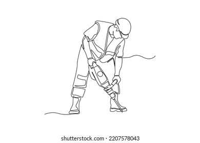 Continuous one line drawing construction worker drilling with pneumatic hammer drill equipment breaking asphalt at road construction site. Construction and building concept. Vector illustration.